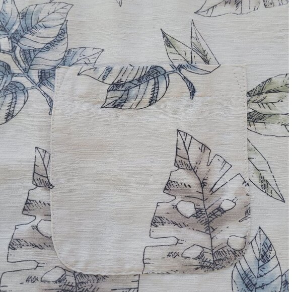 Vtg Batik Bay Mens Silk Hawaiian Shirt M Palm Leaf Print Beige & Blue Vacation - Picture 8 of 15